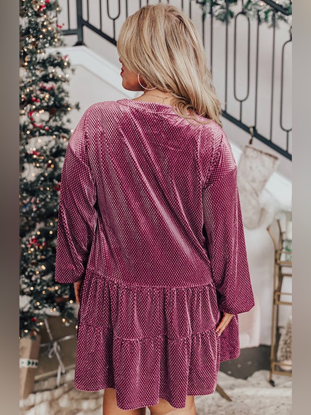 Fall Winter Textured Velvet Tiered Button V Neck Mini
Dress - Picture 9 of 9